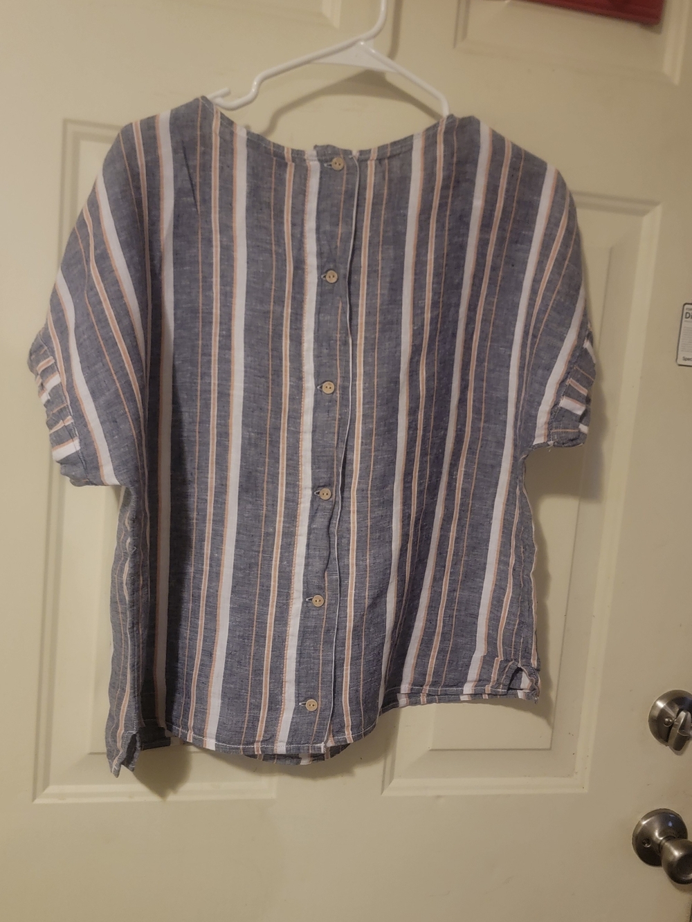 C&C California Striped Linen Button-Back Short Sleeve Blouse Blue & White Medium